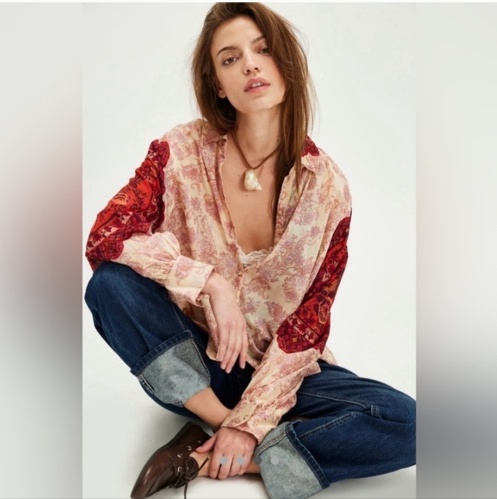 NWT FREE PEOPLE Rose Bud Blouse Tea Combo Retail $128 Oversized